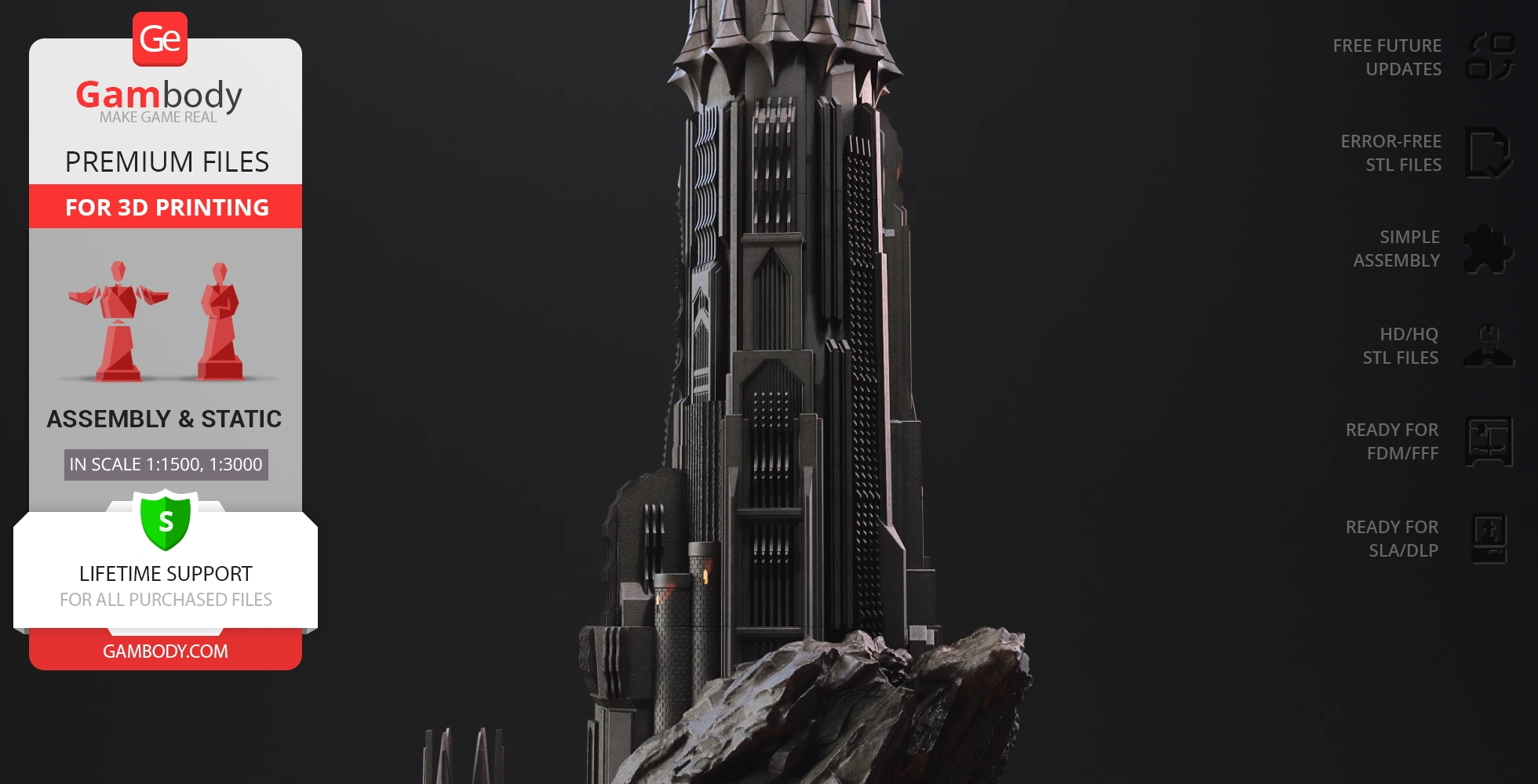Detailed 3D model of Barad-dûr tower, featuring intricate gothic architecture and rocky base.
