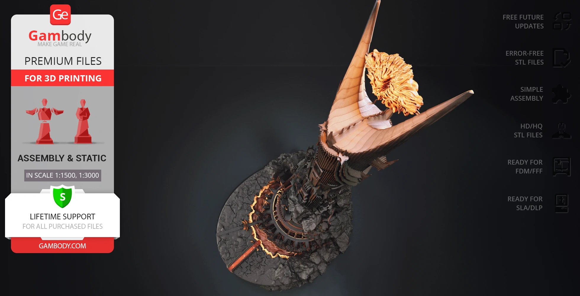 Detailed 3D model of Barad-dûr fortress with the Eye on top, ready for 3D printing.