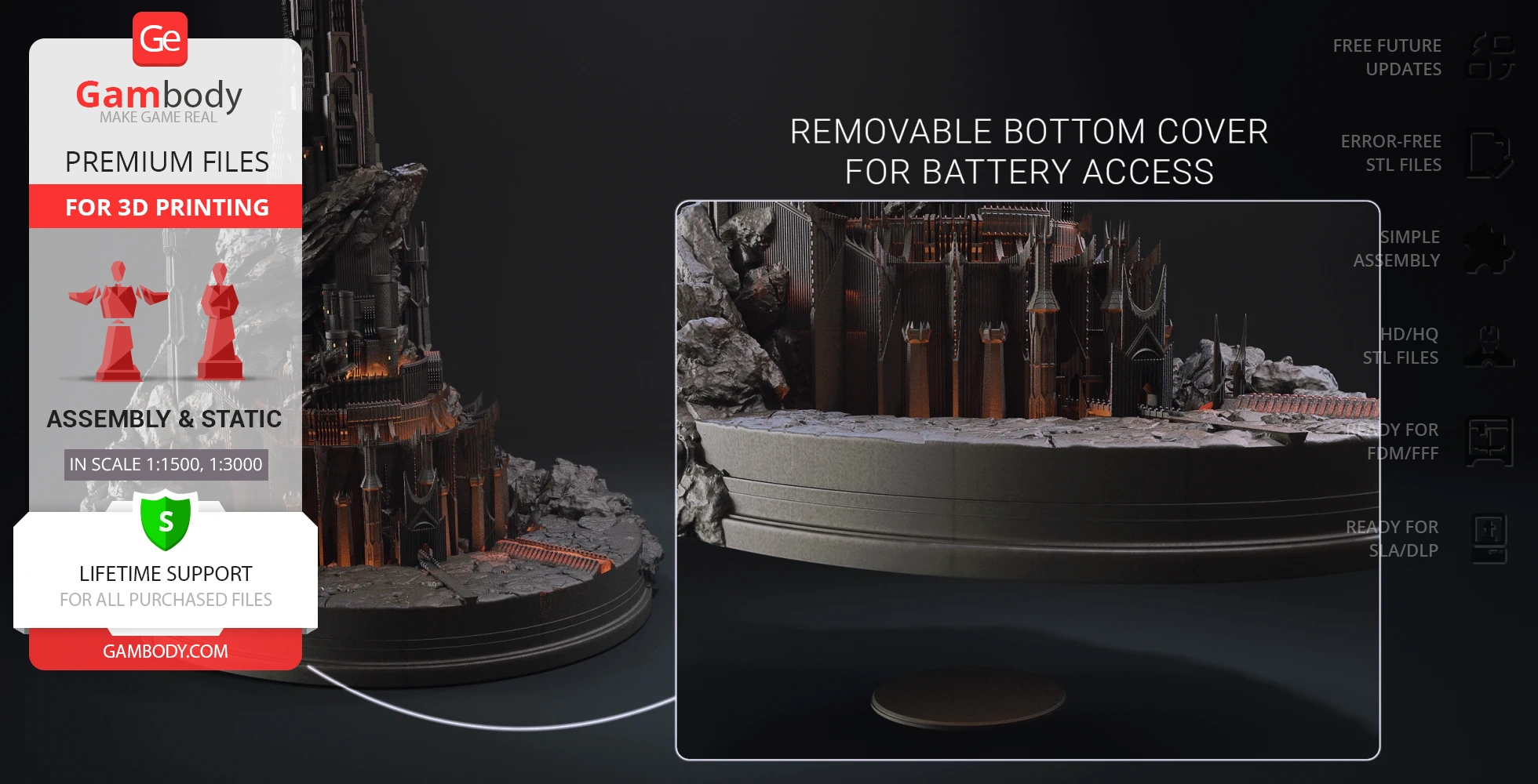 Detailed 3D-printed model of Barad-dûr with removable cover for battery access, ready for printing.