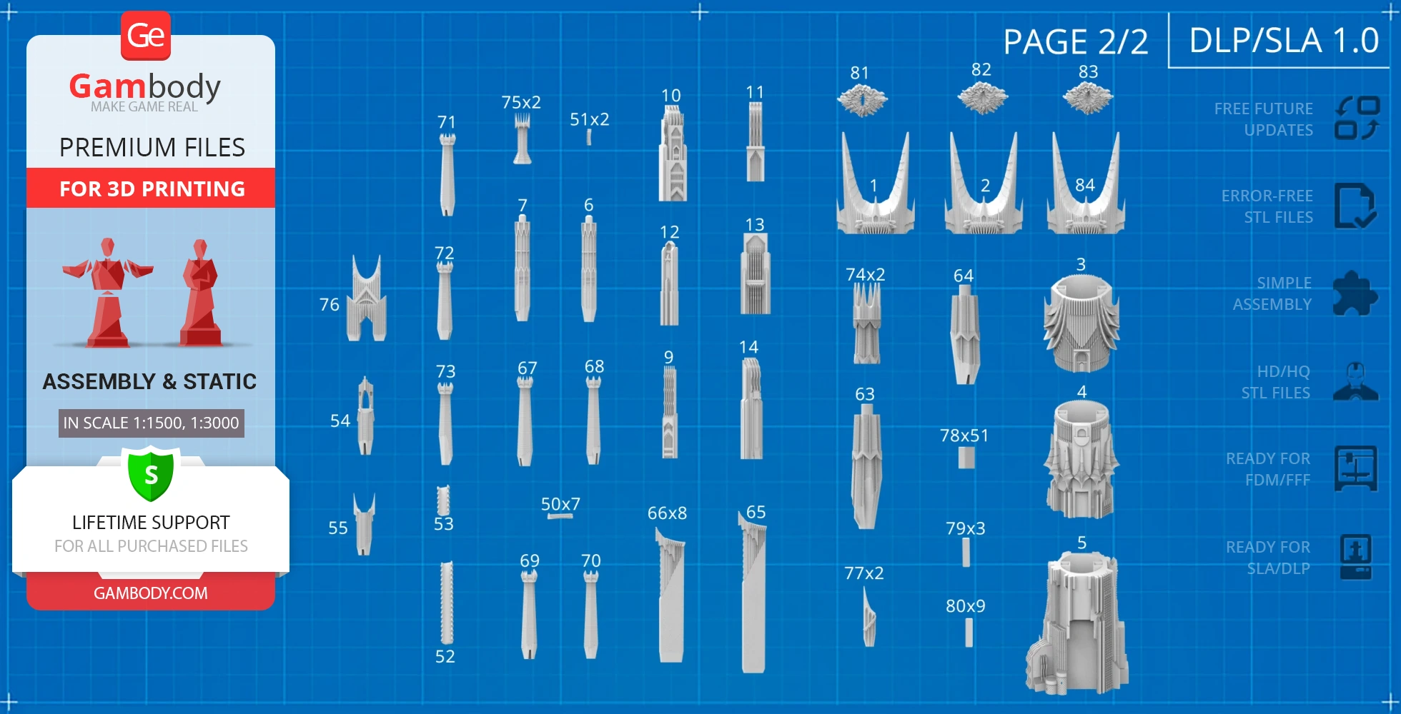 Blueprints of Barad-dûr tower 3D model parts for assembly and printing, shown with labeled dimensions.