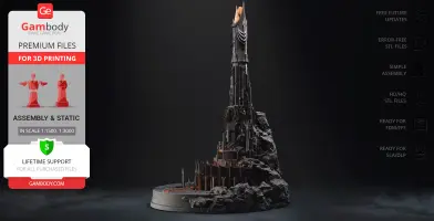 A detailed 3D model of Barad-dûr, a dark tower with rocky base, designed for 3D printing.