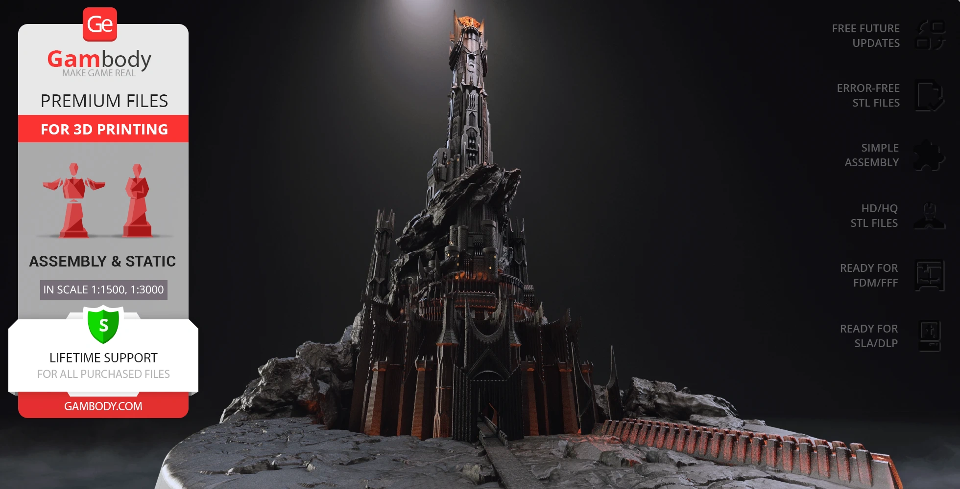 Dark, towering fortress with jagged architecture, atop a rocky base, designed for 3D printing.