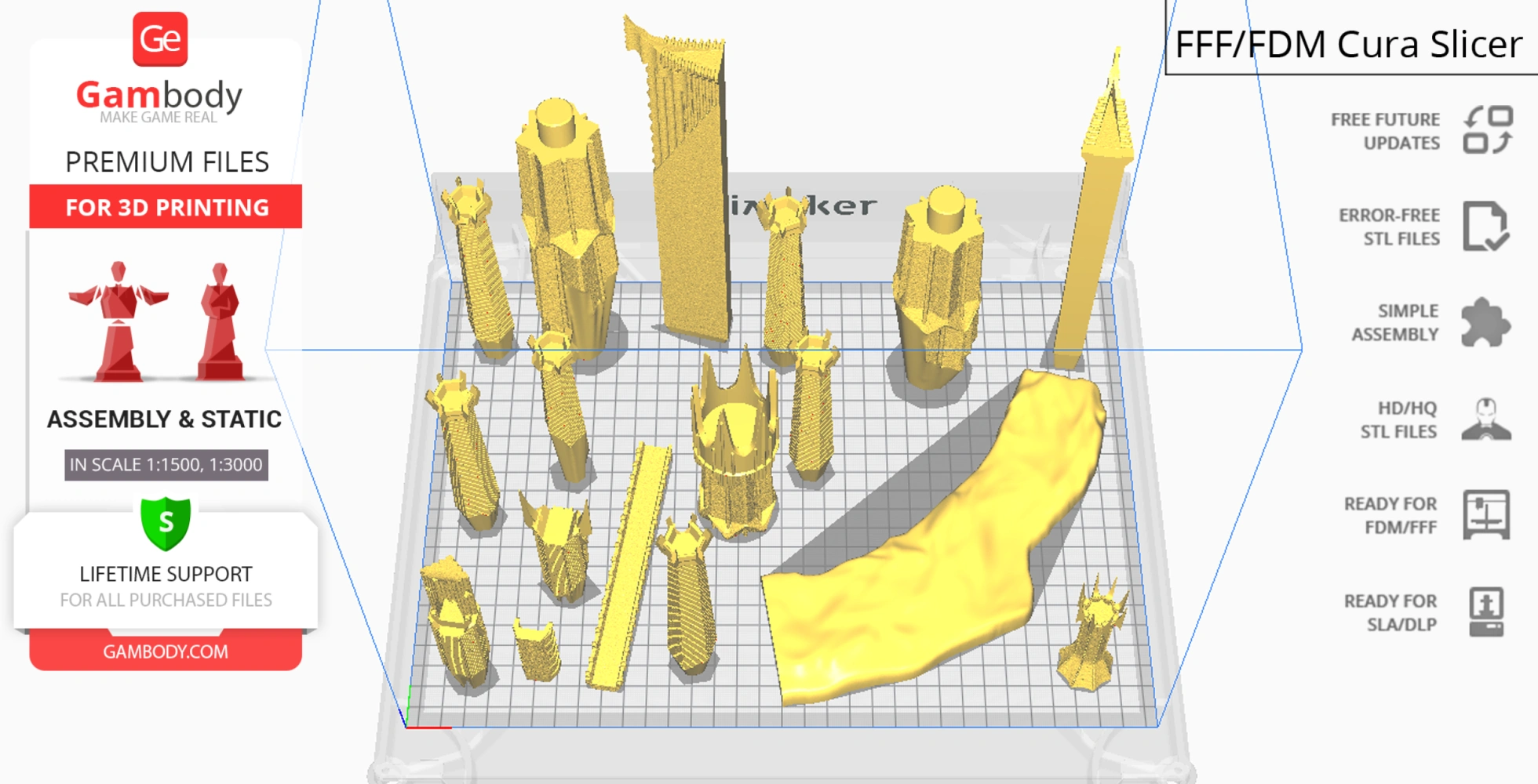 Collection of yellow 3D model parts for Barad-dûr arranged on a digital print bed in slicer software.