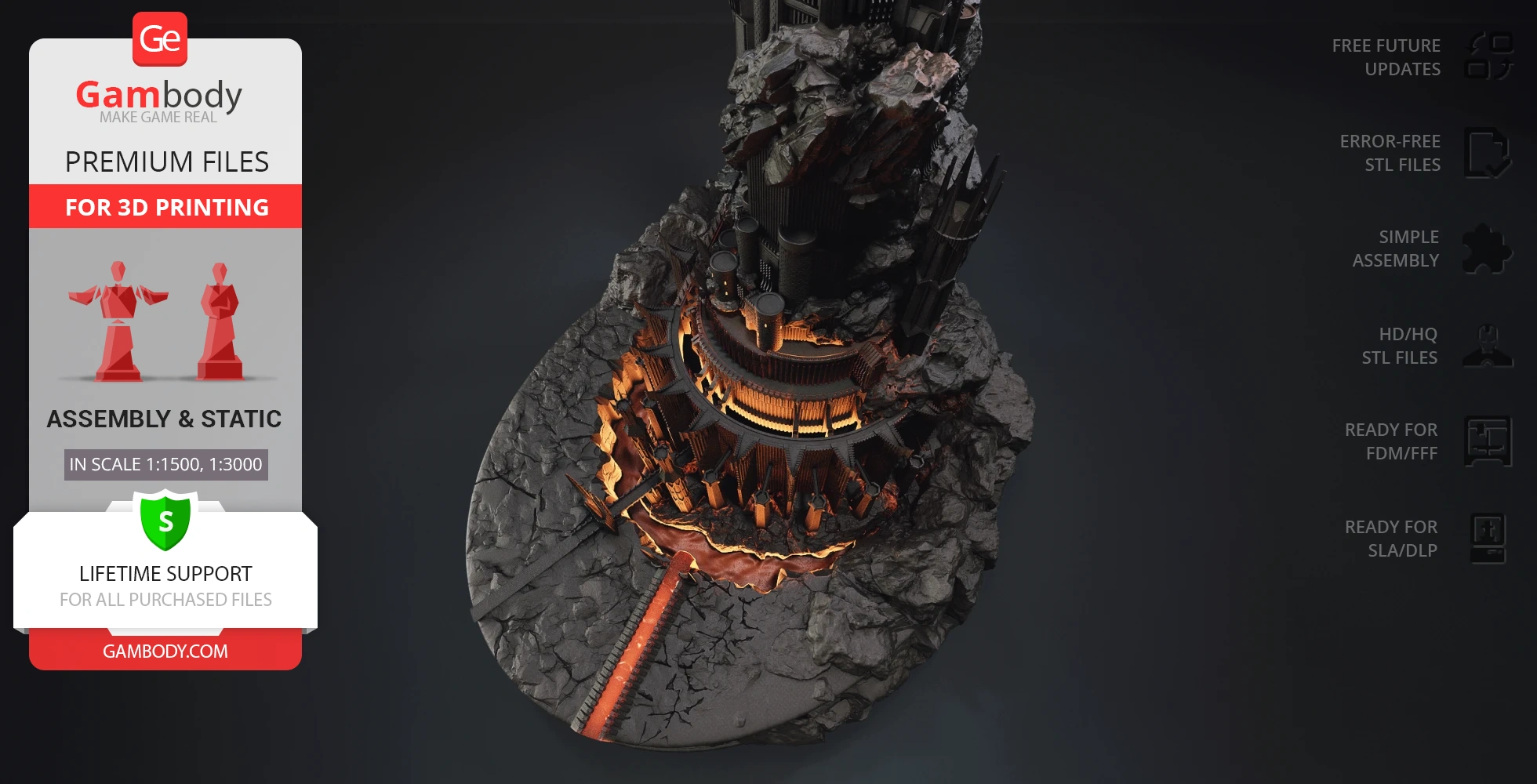 Detailed 3D model of Barad-dûr, featuring rocky terrain and glowing, fiery elements for 3D printing.