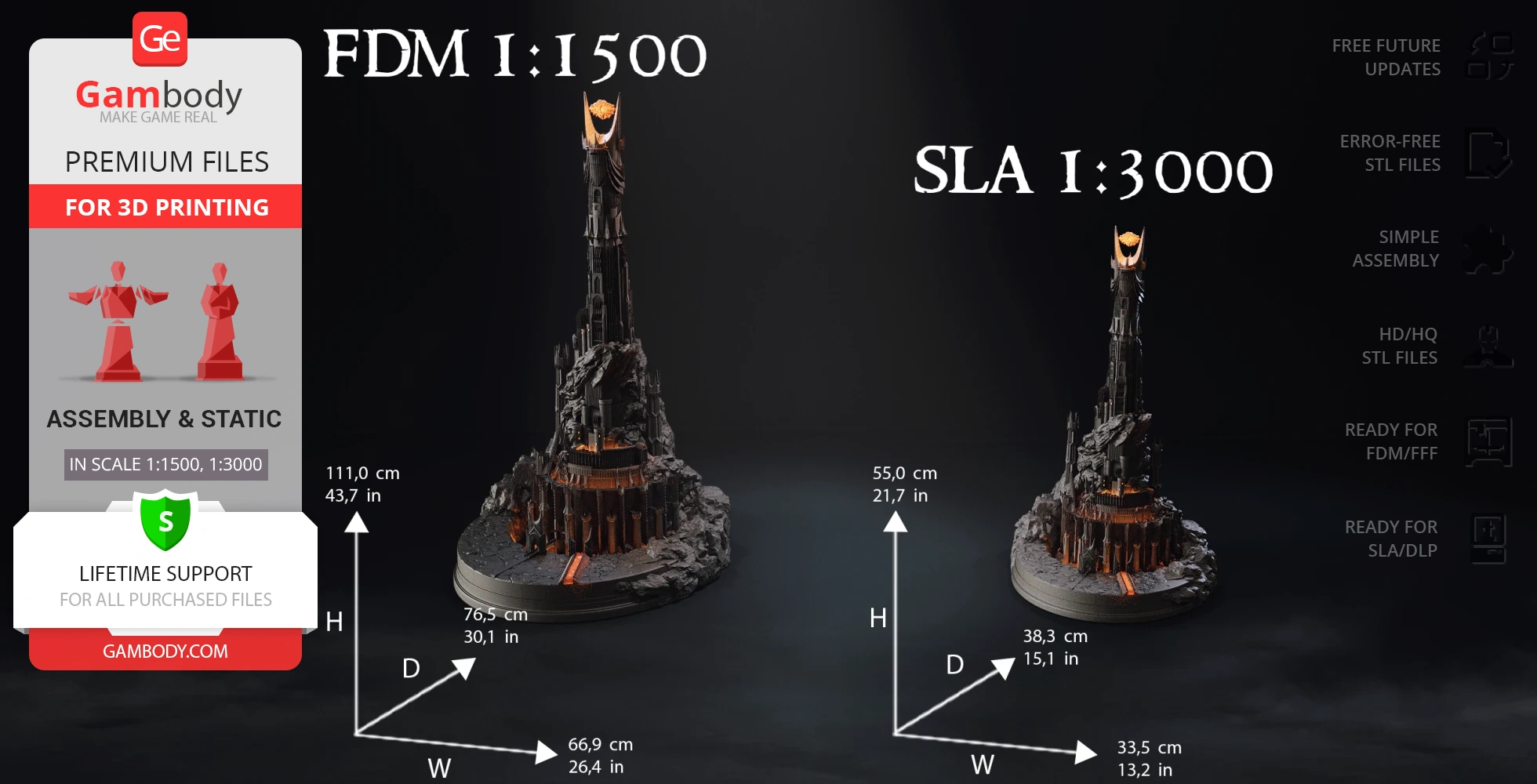 A detailed 3D model of Barad-dûr for printing, shown in two scales with dimensions and features.