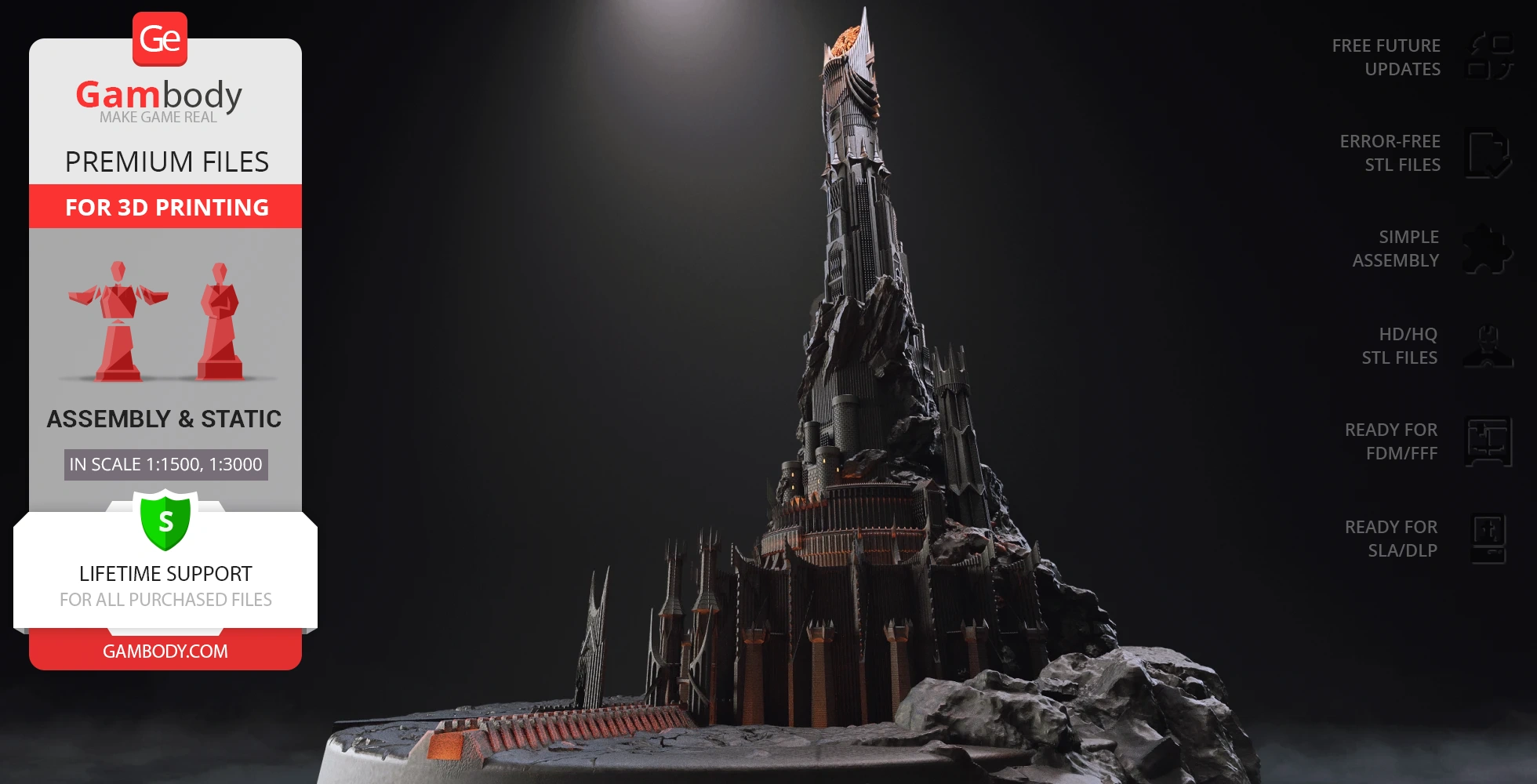 Detailed 3D model of Barad-dûr, a dark, towering fortress structure on rocky terrain.