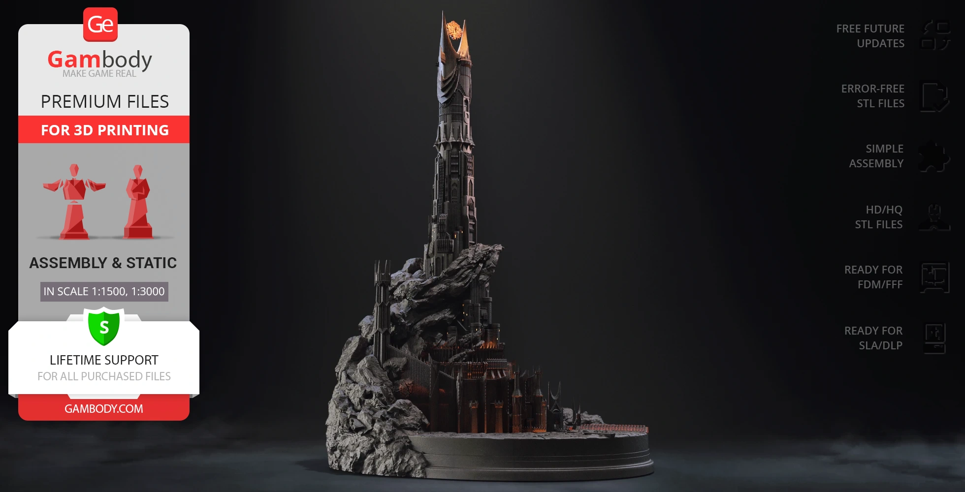Detailed 3D model of Barad-dûr, a dark tower with intricate gothic architecture for 3D printing.