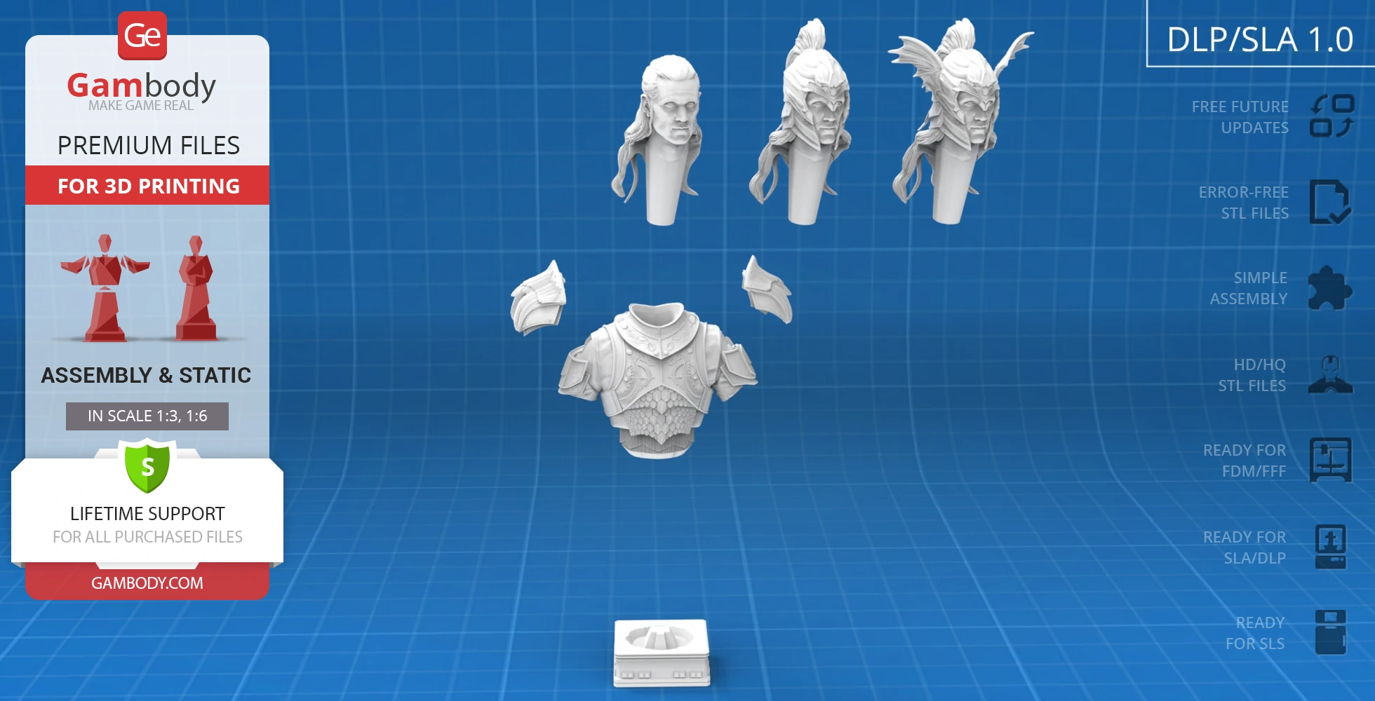 Bust model of a medieval warrior in armor with three interchangeable heads for 3D printing.