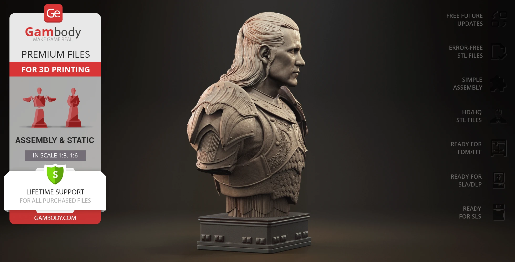 Bust of an armored figure with long hair, designed for 3D printing.