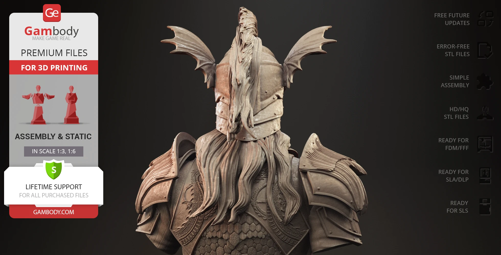 Intricate bust of armored figure with flowing hair and winged helmet detail, suitable for 3D printing.
