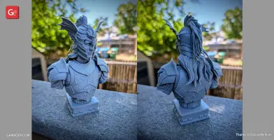 3D printed bust of a warrior in detailed armor with dragon-themed helmet and long hair.