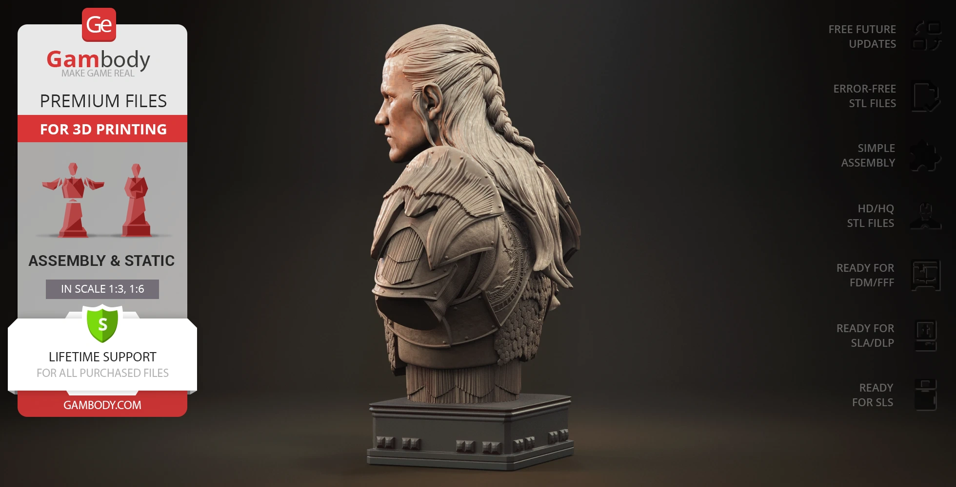 A detailed 3D bust of a warrior with long braided hair and ornate armor, ready for 3D printing.
