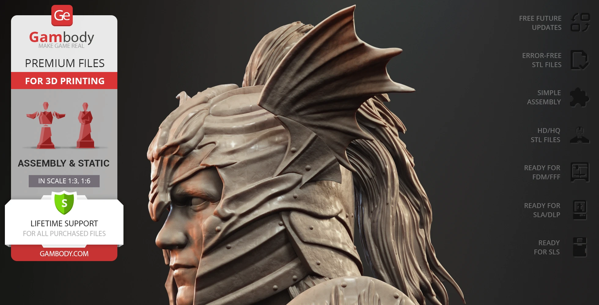 A detailed bust of a fictional medieval warrior with dragon-like headgear, ready for 3D printing.
