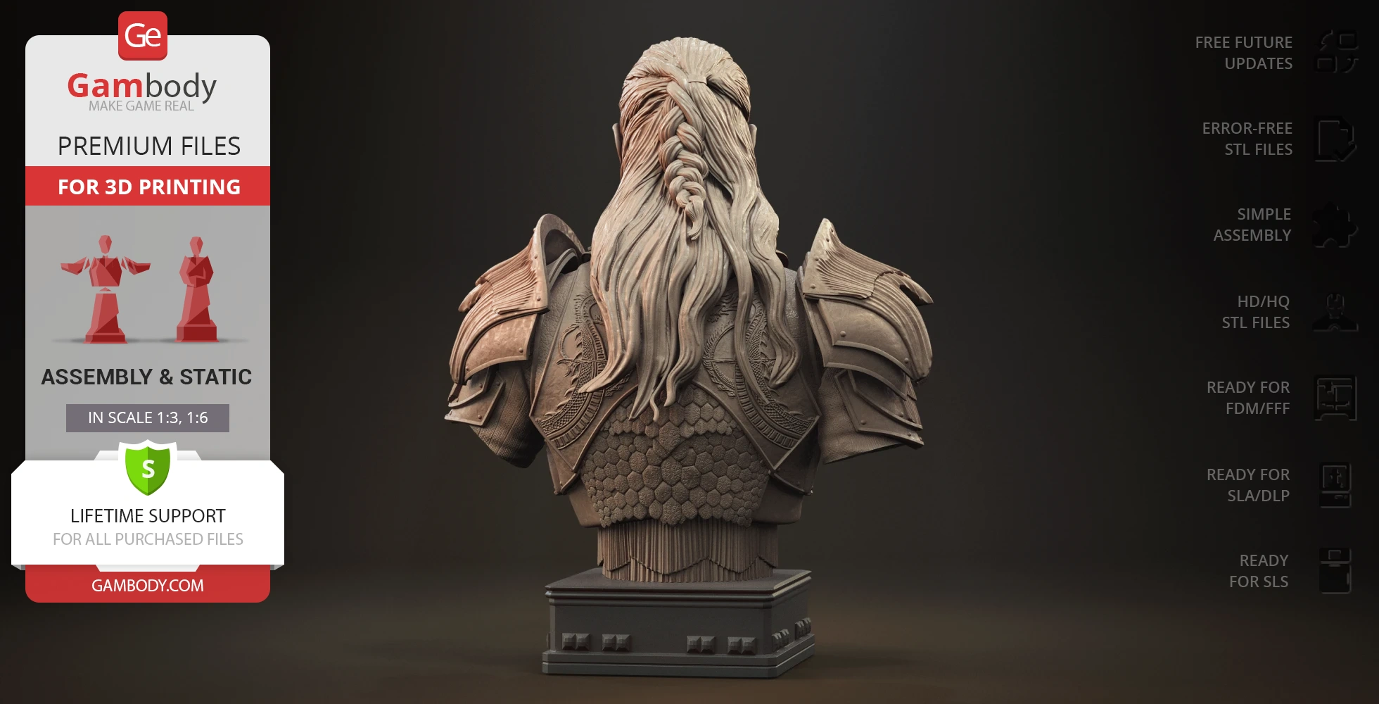 Bust of a warrior in detailed armor with long braided hair, ready for 3D printing.