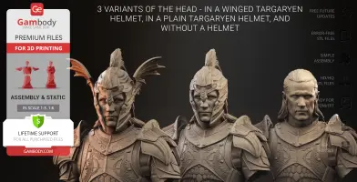 Three busts of an armored figure: one with a winged helmet, one with a plain helmet, and one without a helmet.
