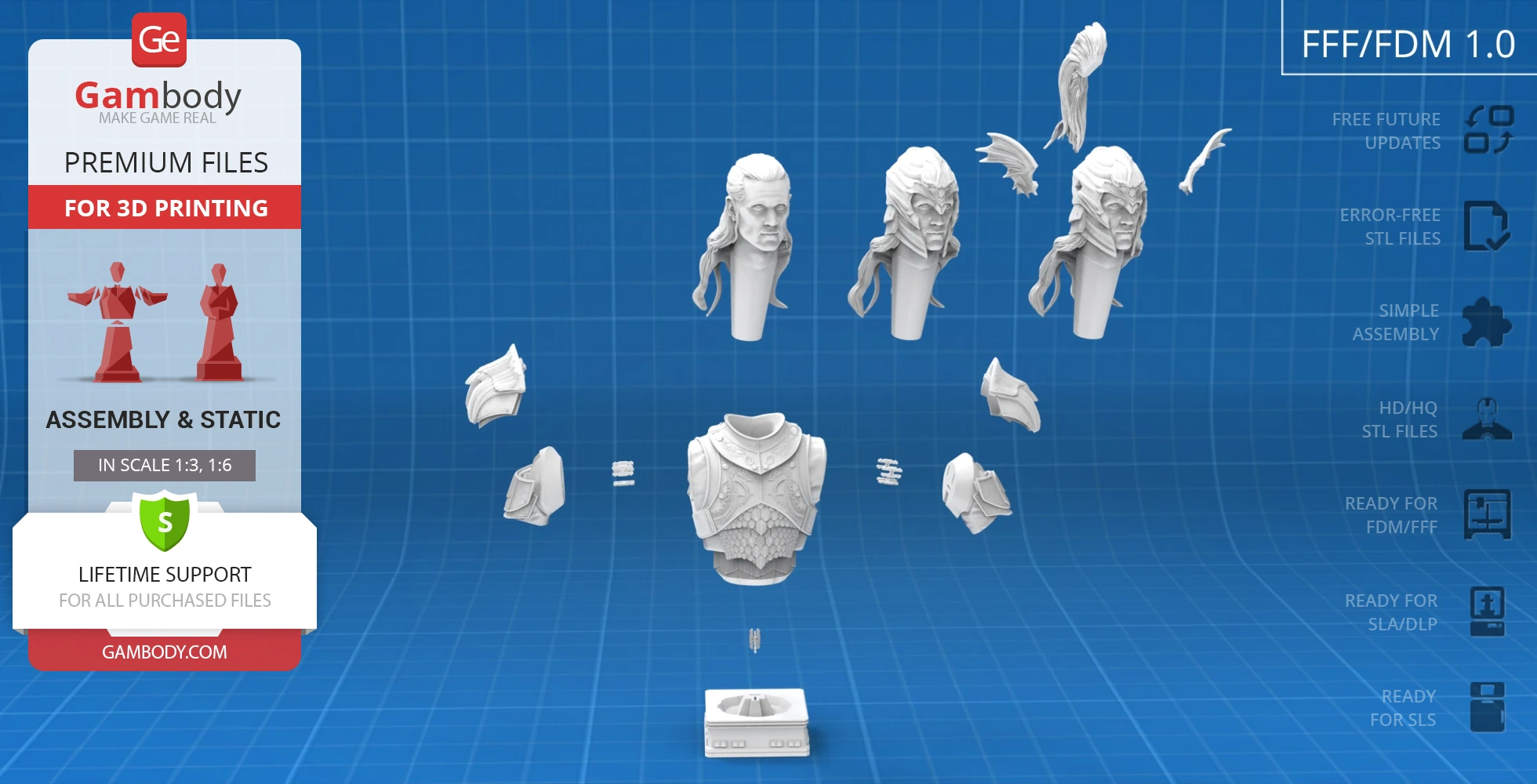Exploded view of Daemon Targaryen bust 3D print parts, includes head, armor, and base.