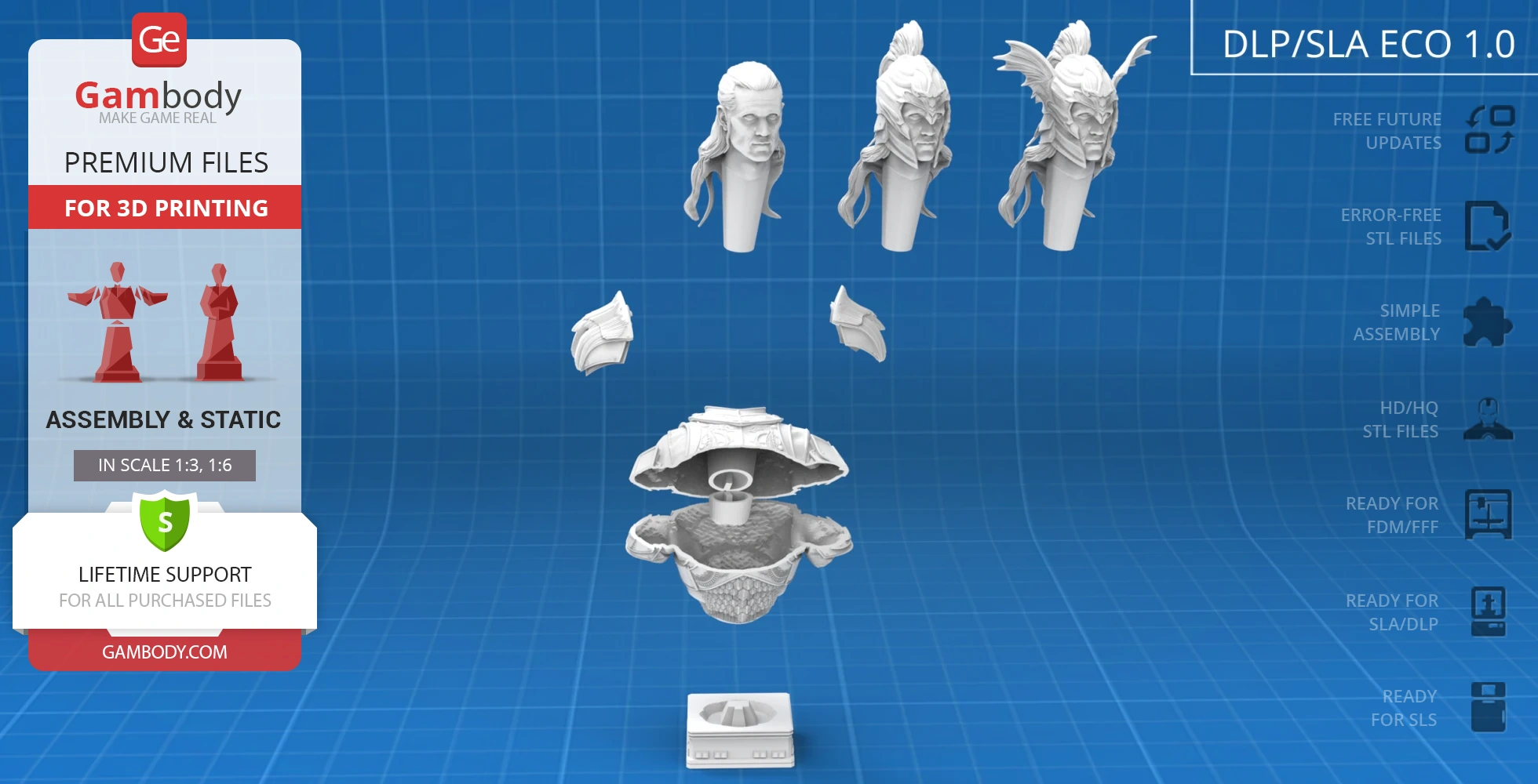 Various 3D printable bust components arranged, showcasing assembly for Daemon Targaryen model.