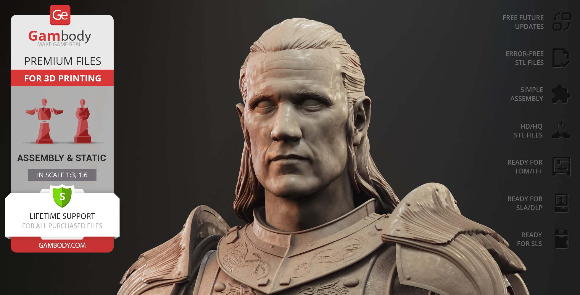A detailed 3D bust of a medieval warrior in armor, designed for 3D printing.