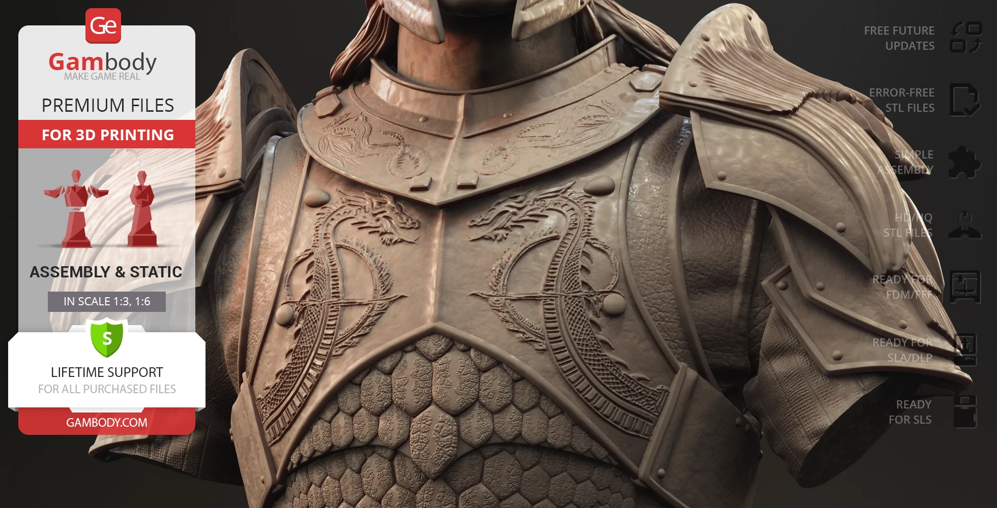 Intricately detailed medieval-style armor with dragon engravings for 3D printing.