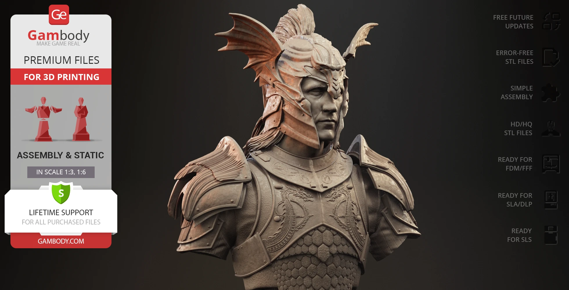 A detailed bust of a warrior with dragon-themed armor and a helmet for 3D printing.
