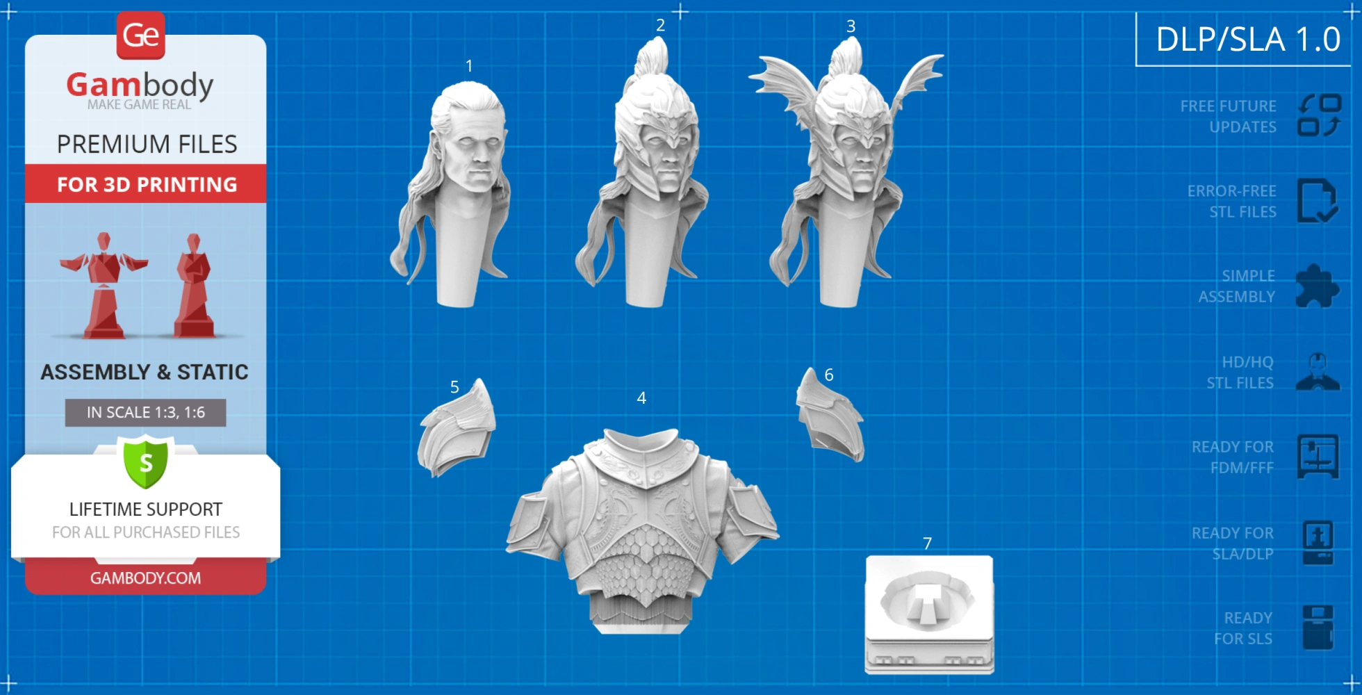 Bust parts of a fantasy character, armor pieces and head variations for 3D printing on a blueprint background.