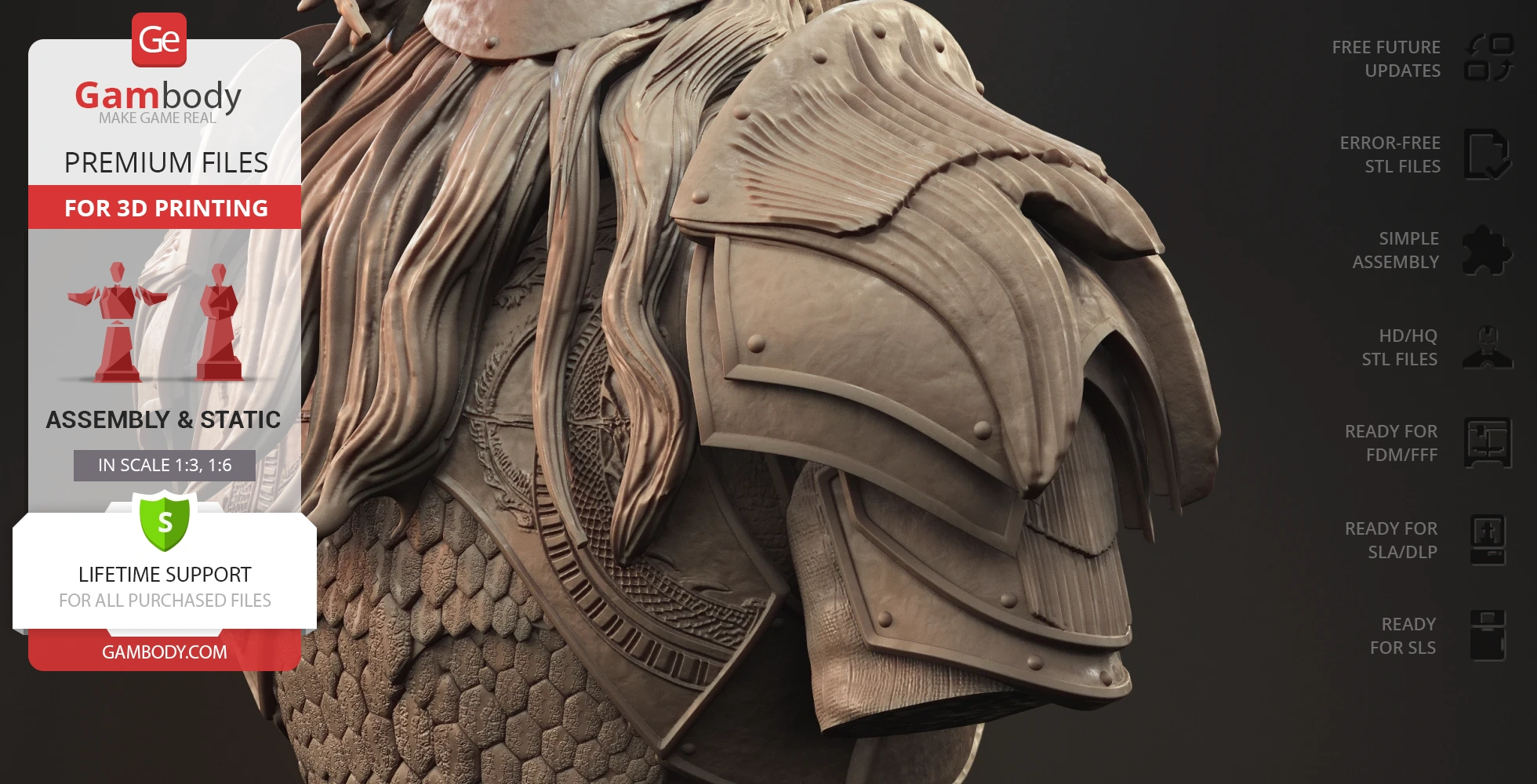 A detailed 3D bust of Daemon Targaryen featuring armor and layered hair textures for 3D printing.