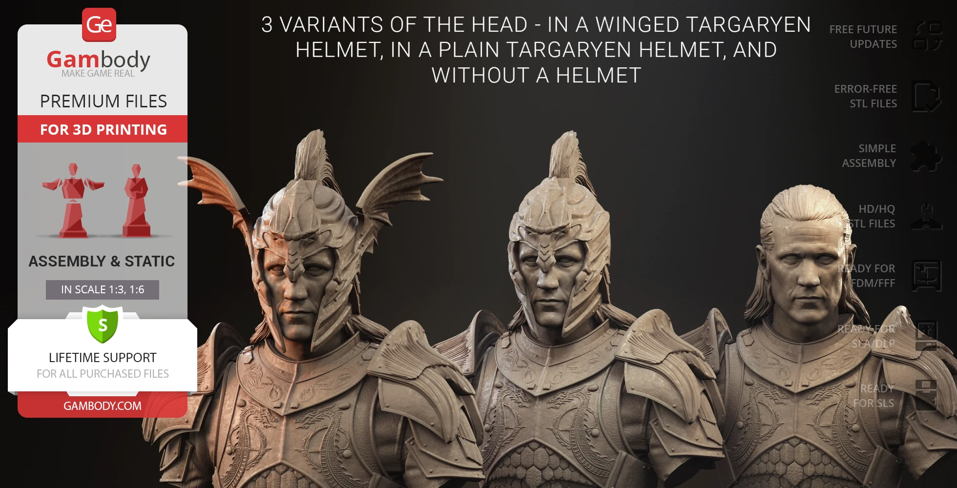 Three busts of an armored figure: one with a winged helmet, one with a plain helmet, and one without a helmet.