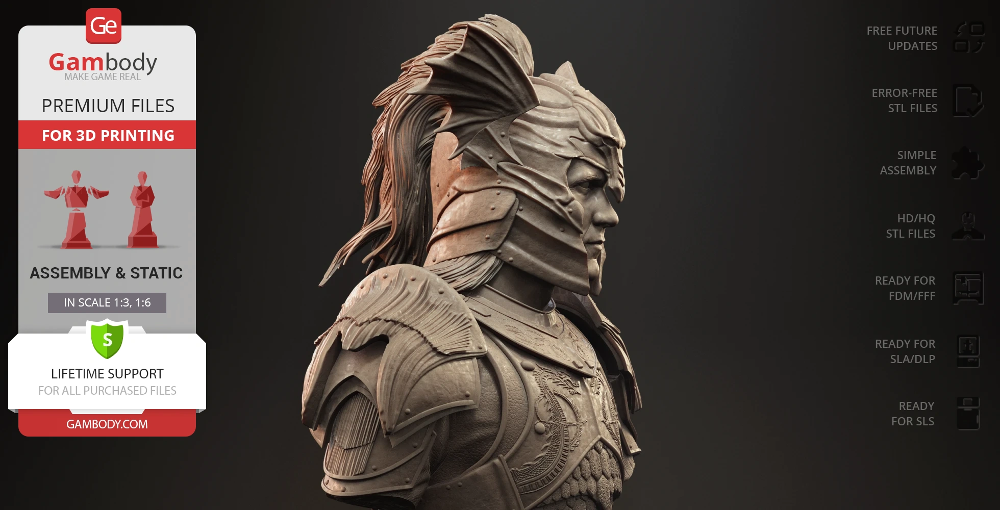 A detailed bust of a knight in ornate armor with a dragon-themed helmet, designed for 3D printing.
