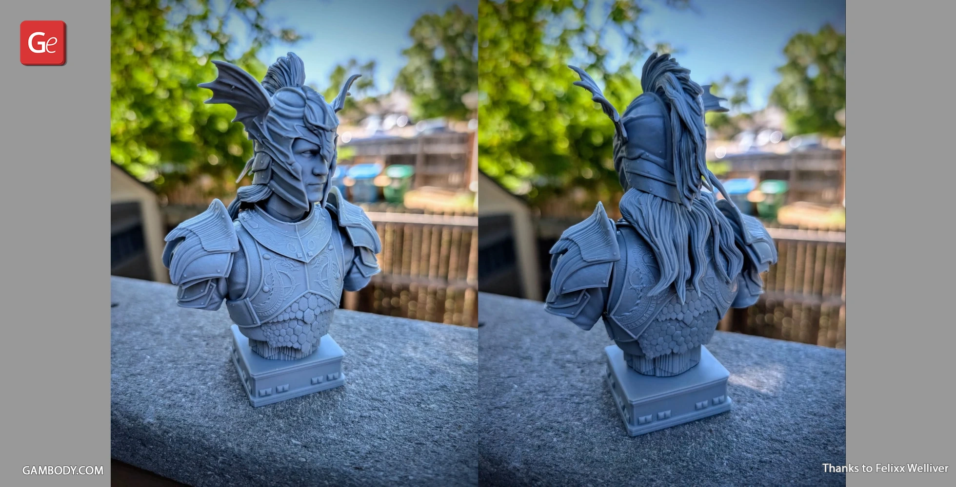 3D printed bust of a warrior in detailed armor with dragon-themed helmet and long hair.