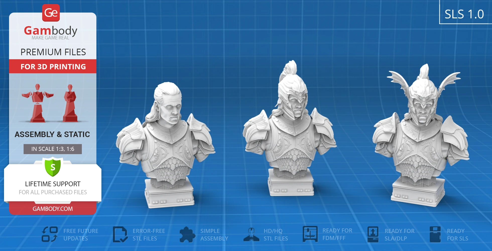 Three detailed warrior busts with armor and varied helmets on a blue grid background.