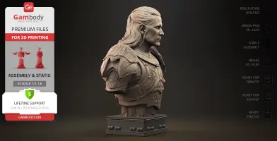 Bust of an armored figure with long hair, designed for 3D printing.