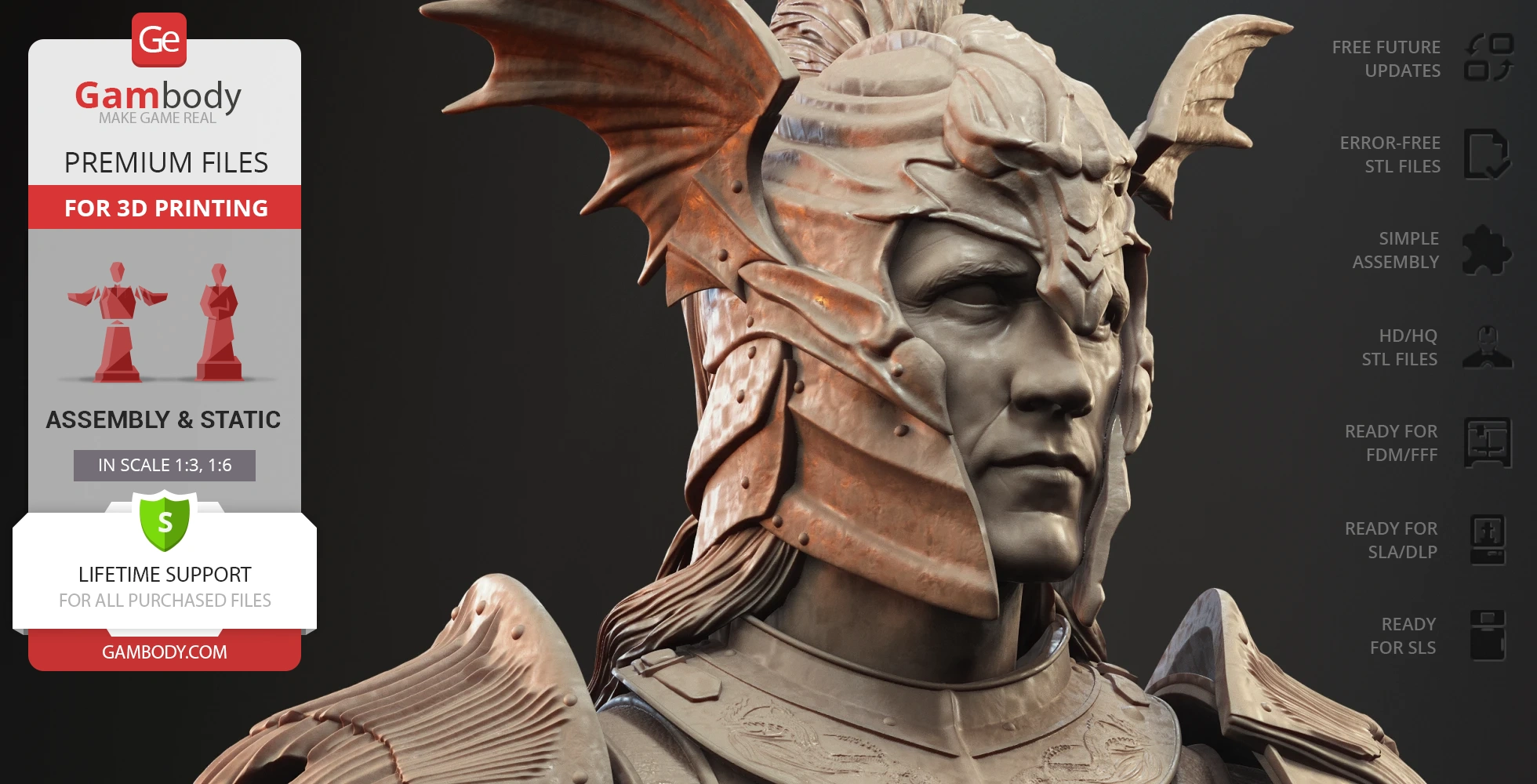 Bust of an armored figure with dragon-themed helmet for 3D printing, featured on Gambody.