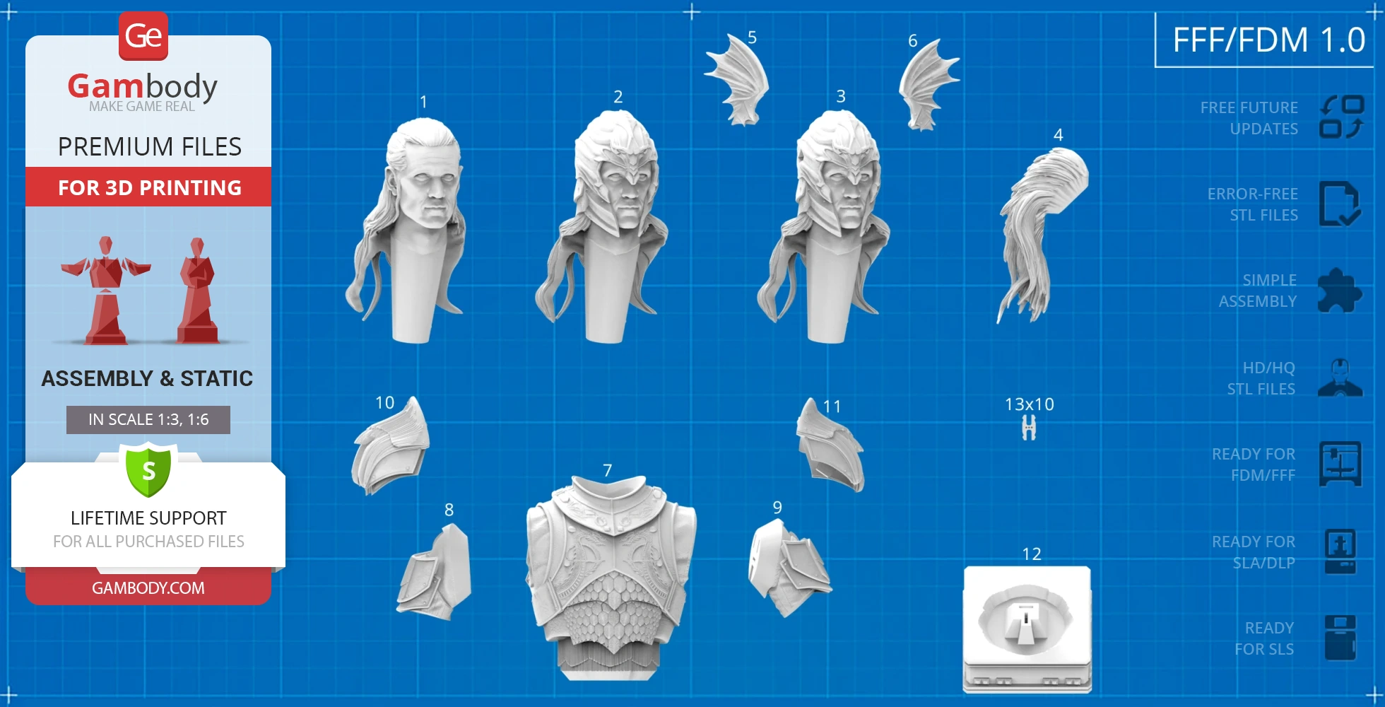 3D model parts for a character bust, including head, armor, and accessories, displayed on a blueprint background.