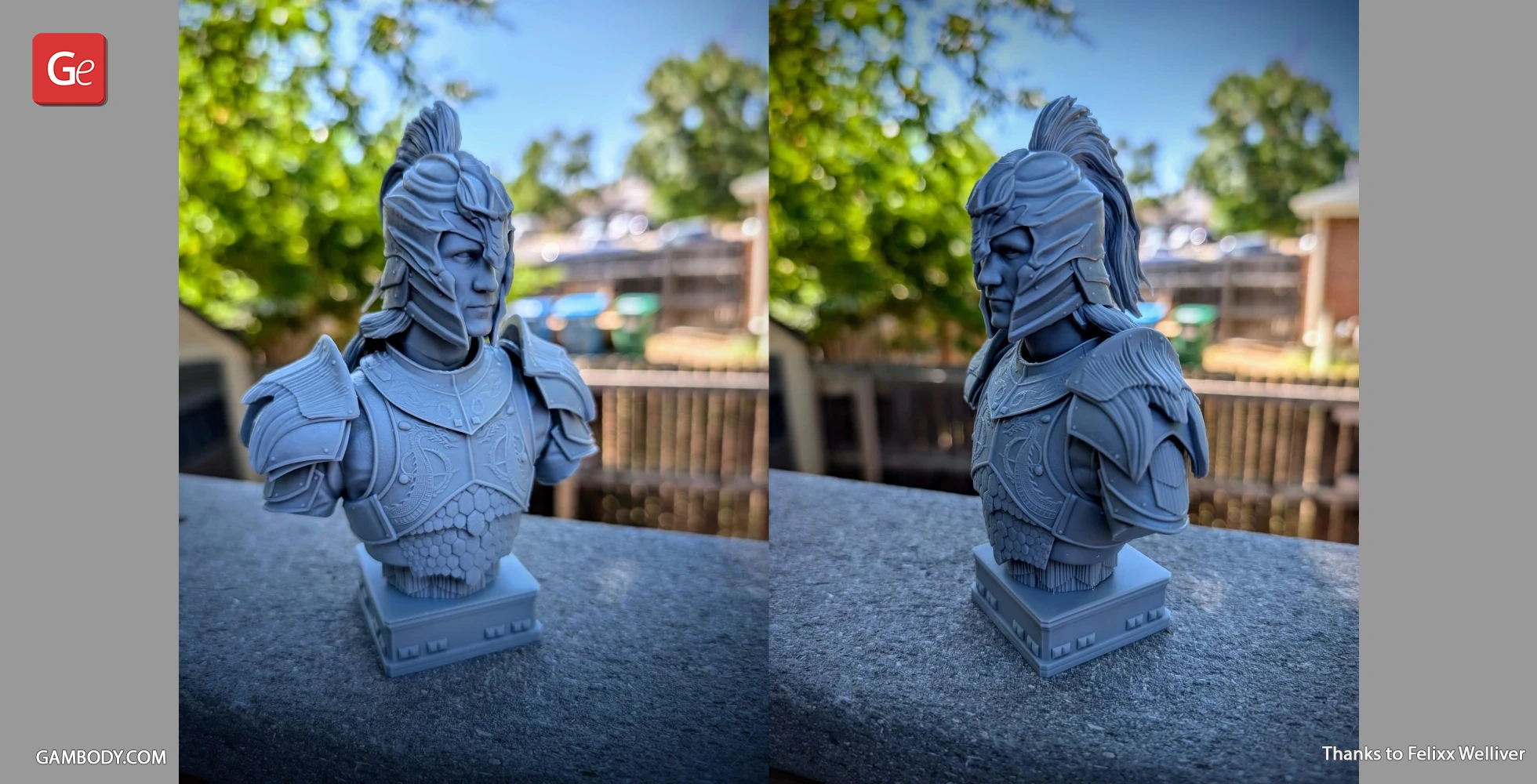 Bust of an armored character with a helmet, showing intricate details and patterns for 3D printing.