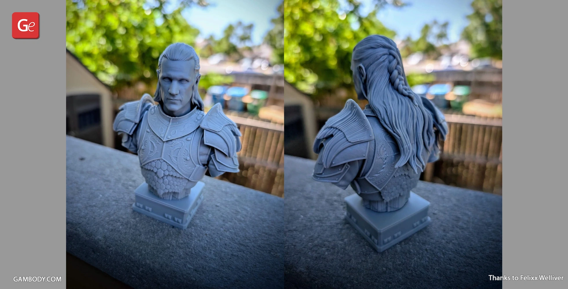 A detailed 3D bust of a medieval character with armor and long hair, set outdoors.