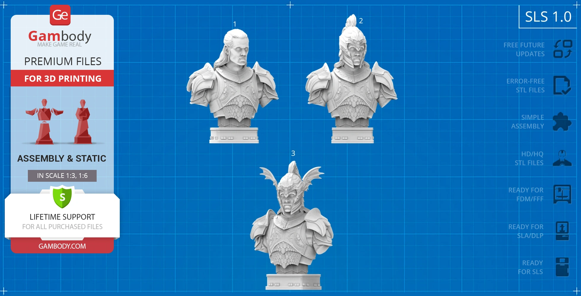 Three detailed busts of a character in medieval armor, designed for 3D printing.
