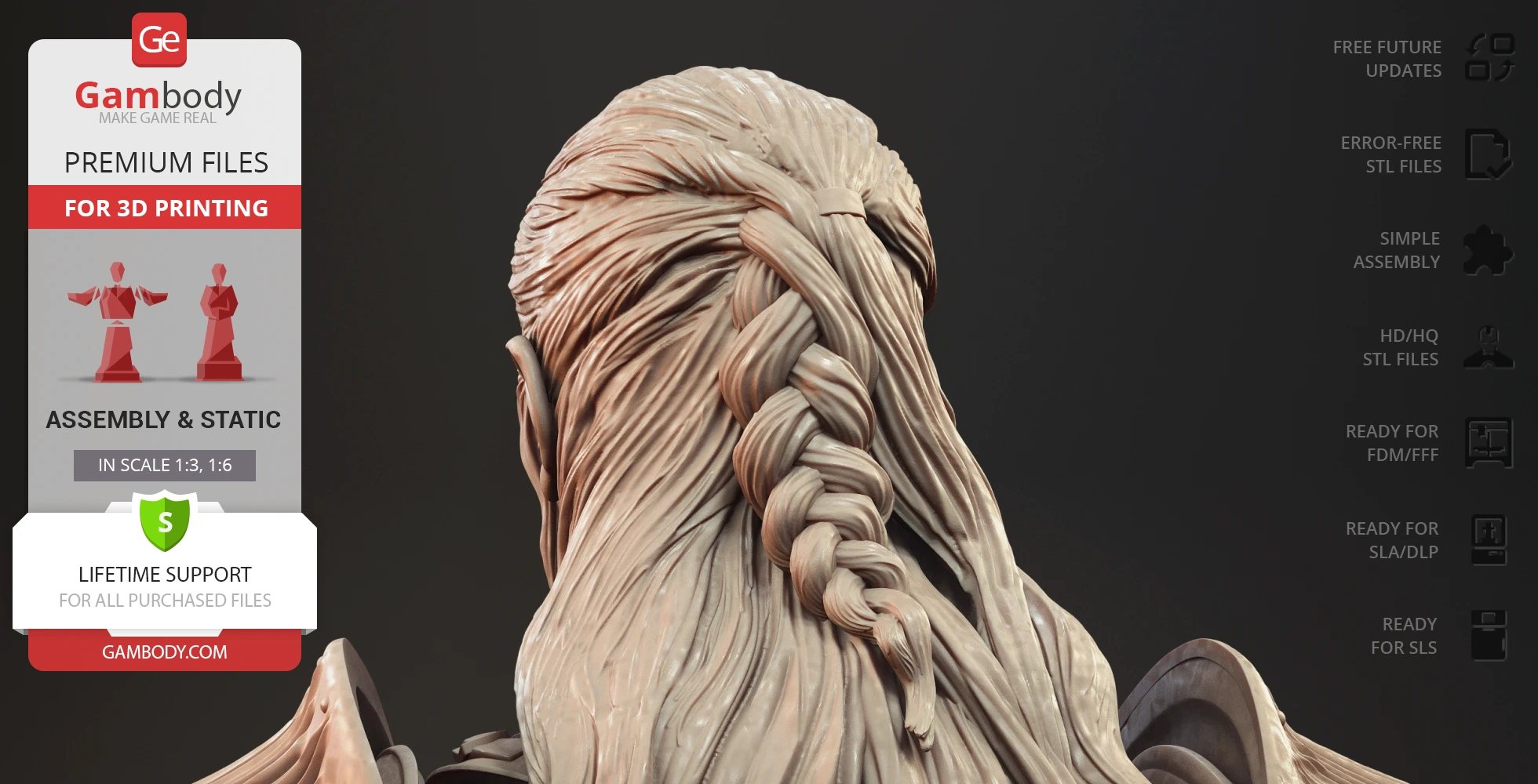 3D model of Daemon Targaryen bust showing detailed braided hair, optimized for 3D printing.