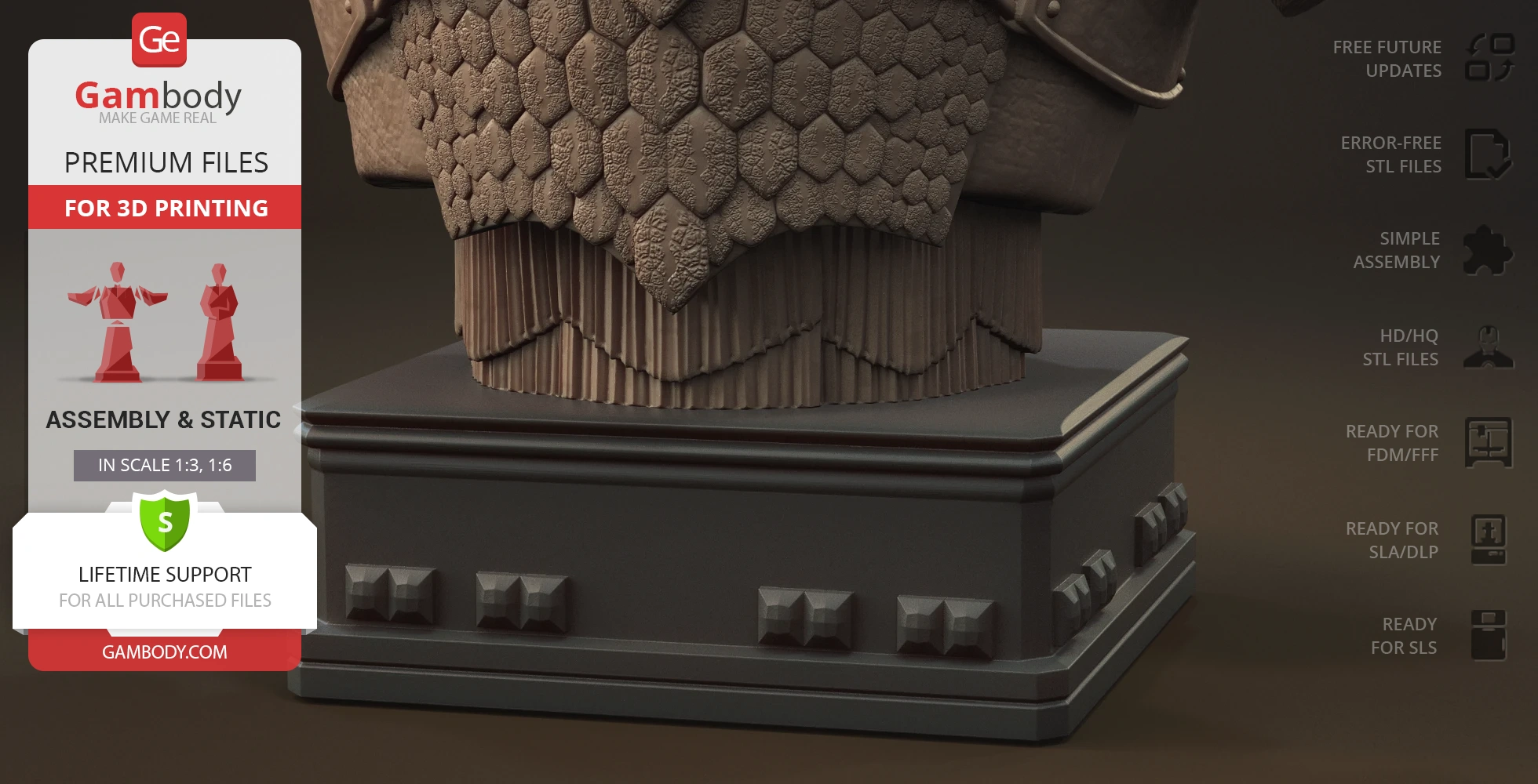 A detailed base with a scale-like texture, part of a 3D model bust, displayed for 3D printing specs.