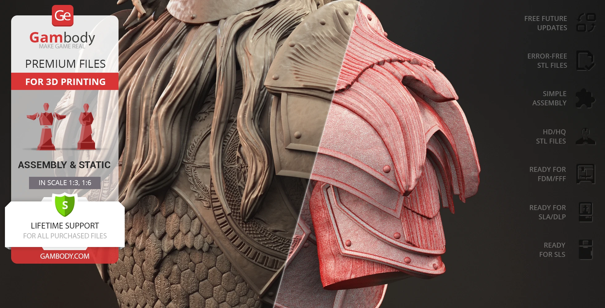 A detailed bust of Daemon Targaryen in armor, showcasing textures and intricate designs for 3D printing.