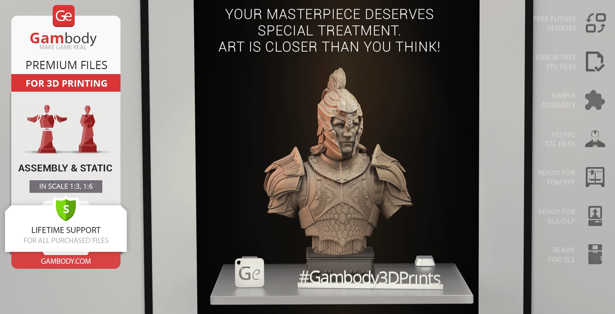 Bust of a warrior in ornate armor, designed for 3D printing by Gambody.