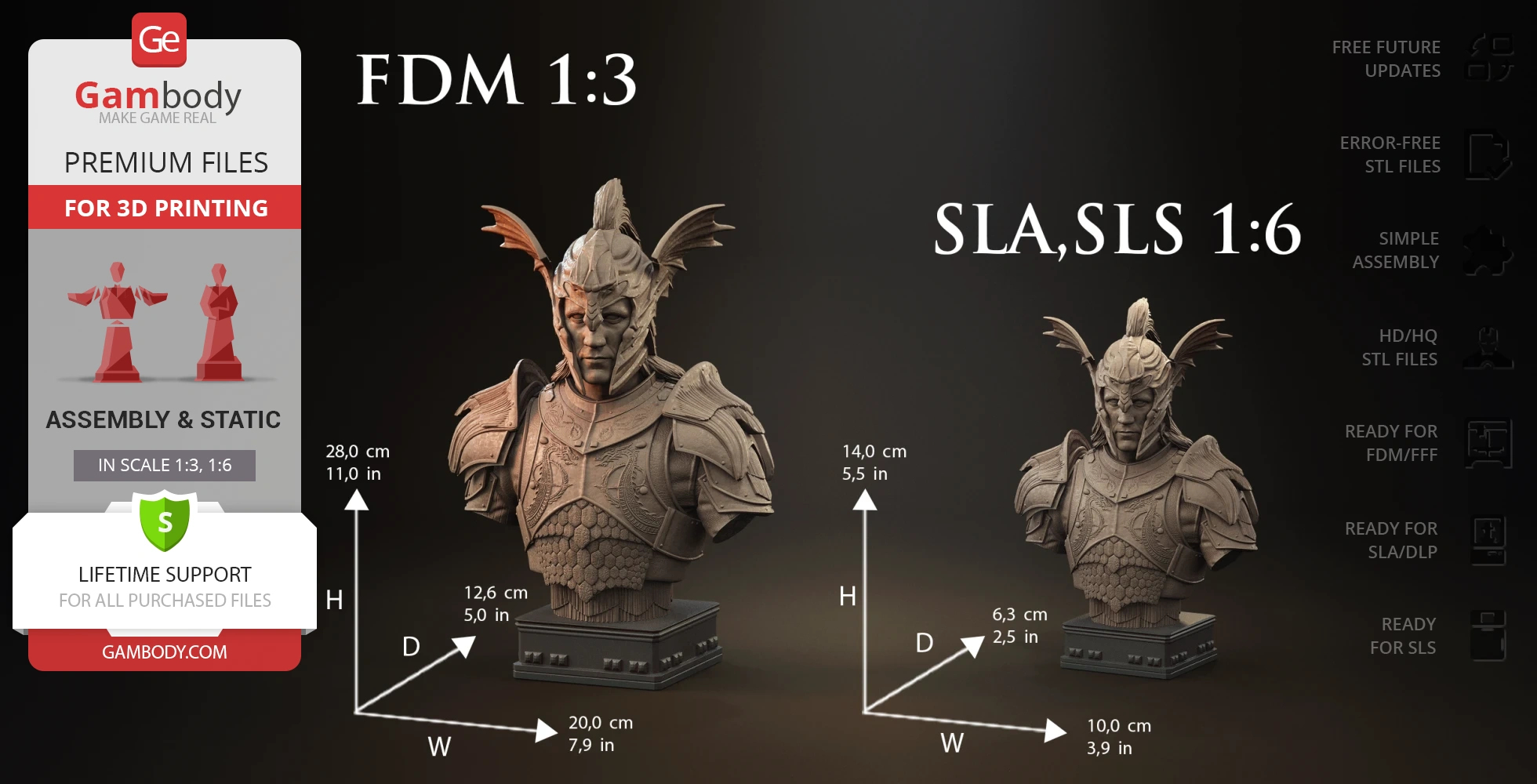 Bust of an armored figure with intricate detailing, available in FDM 1:3 and SLA, SLS 1:6 scales.