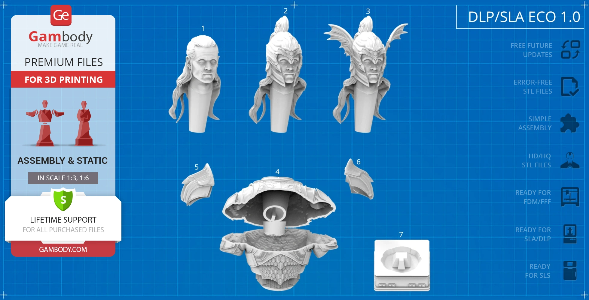 Bust model of a character with interchangeable headpieces and base, designed for 3D printing assembly.