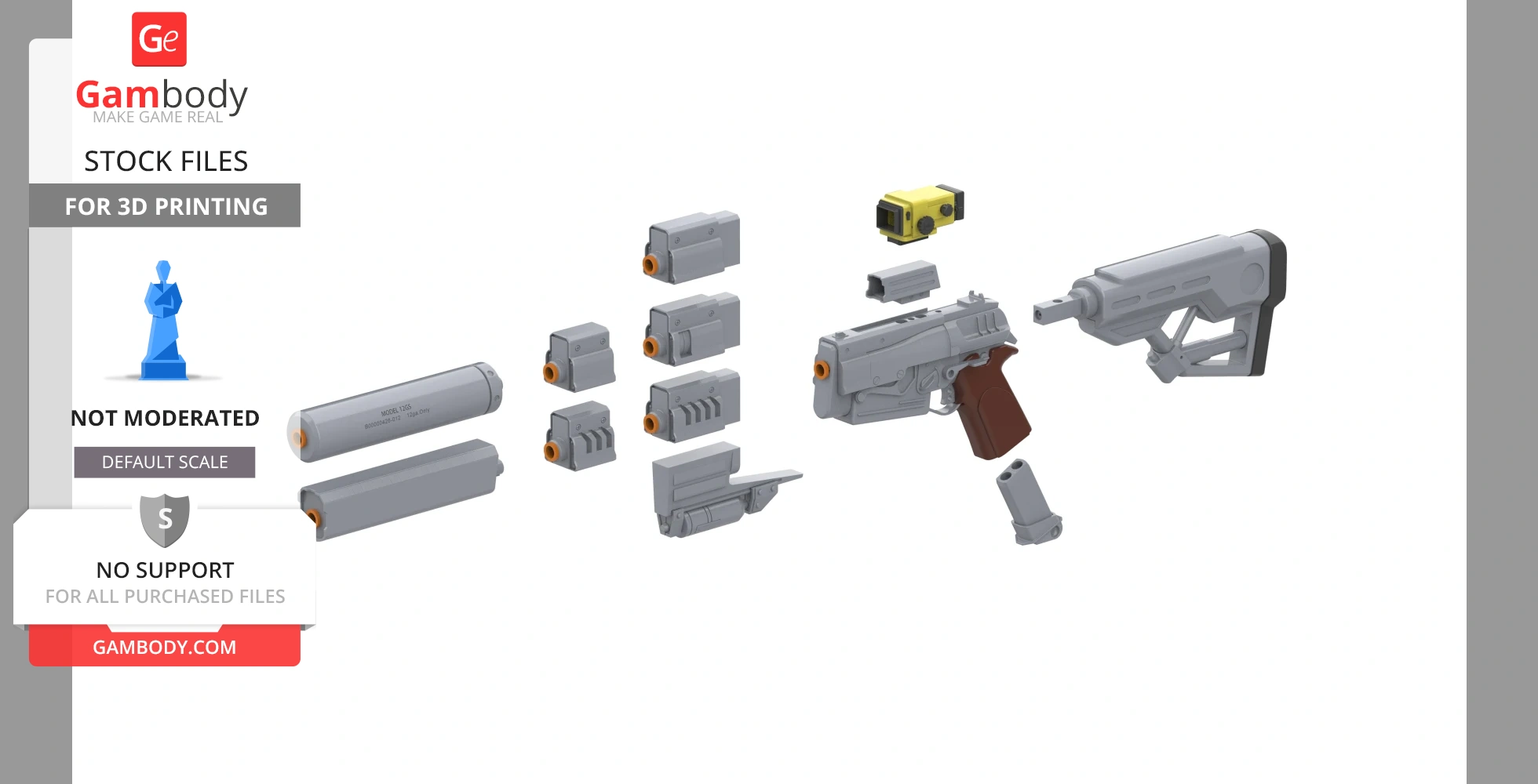 3D printable parts of a 10mm pistol from Fallout 4, including attachments and components.