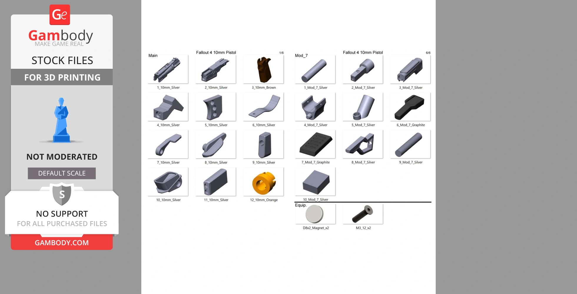 STL files for a 10mm pistol from Fallout 4, showing various individual 3D printable parts.