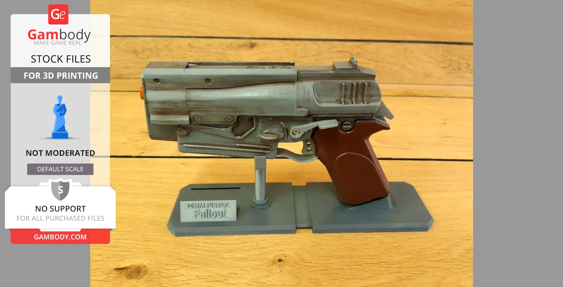 A 3D-printed model of a 10mm pistol from Fallout 4 on a display stand.