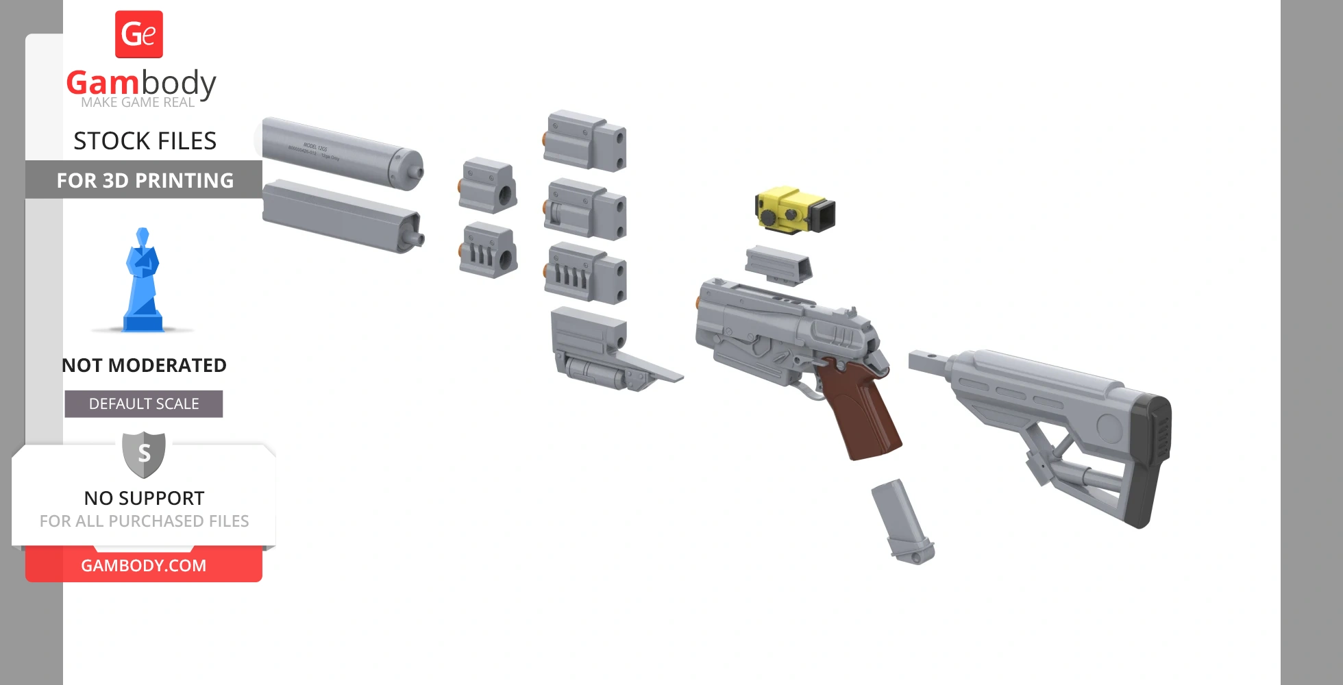 Fallout 4 10mm pistol 3D model parts for printing, with various components shown separately.