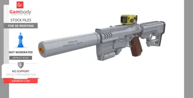 A detailed 3D model of a futuristic pistol from Fallout 4 with a silencer and yellow scope for 3D printing.