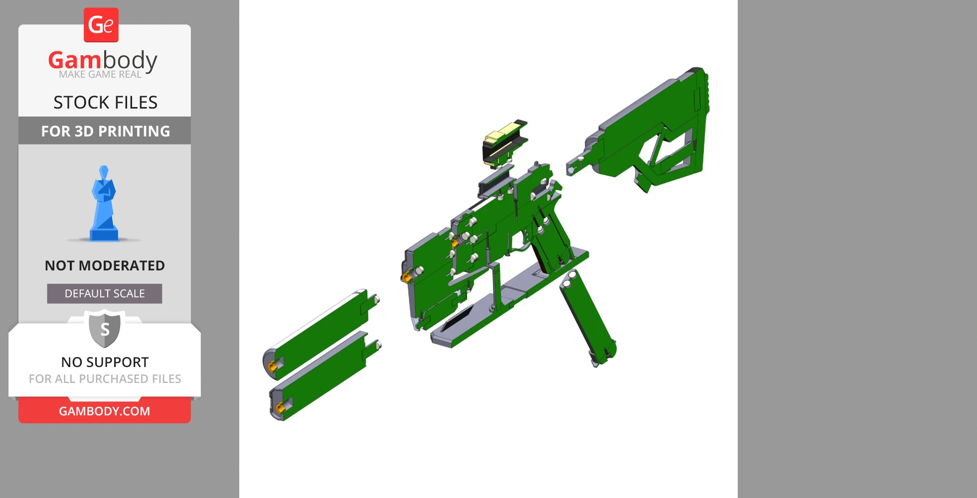 Exploded view of a 3D printable model of a 10mm pistol from Fallout 4 in green.