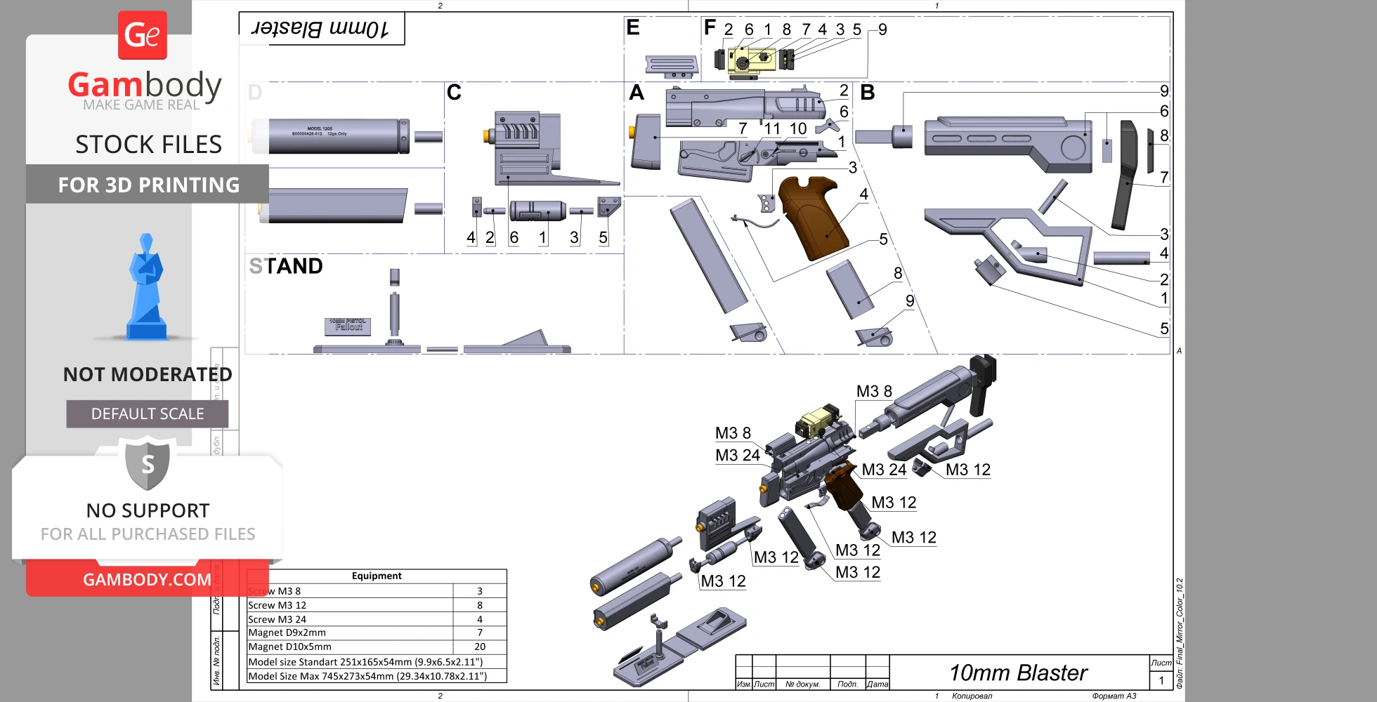 3D model blueprint of a 10mm pistol from Fallout 4, showing detailed parts and assembly instructions.