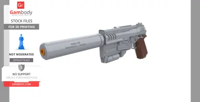 3D model of a detailed futuristic pistol with a suppressor, based on a video game design.